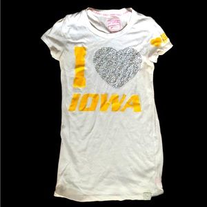 PINK University of Iowa Hawkeyes Rhinestone Gold Glitter College Tee‎ Sz XS